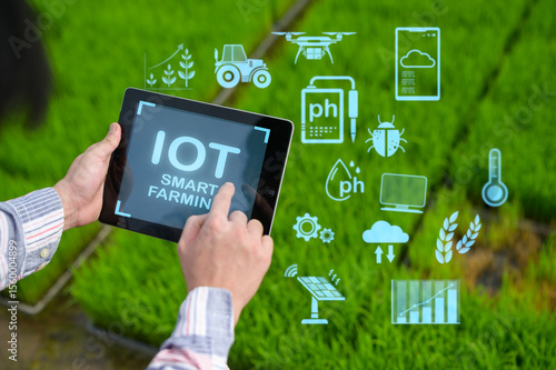 A person uses a tablet showcasing IoT smart farming technology with digital icons representing farming tools and data analytics over a green field background.