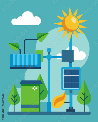 A tingedge cooling system that runs on solar power promoting sustainability and reducing dependence on nonrenewable energy sources.. Vector illustration