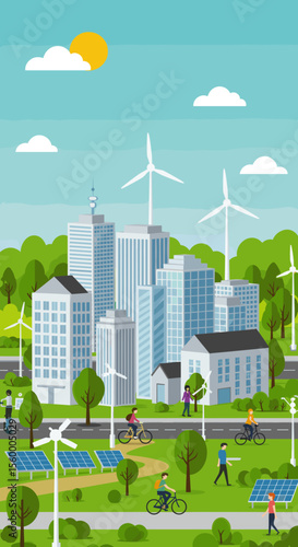This vector image showcases a green, sustainable urban city.