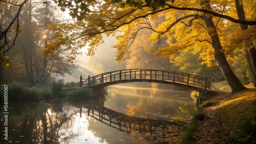 bridge over river, Serene autumnal scene with a wooden-bridge and natural forest
