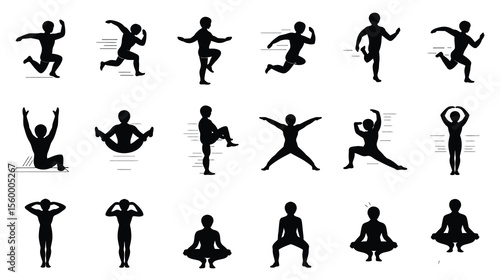 Minimalist Exercise Pose Icon Set – Black and White Stick Figure Illustrations of Movement and Stretching
