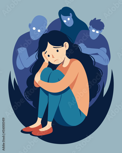A teenager curls into a ball trying to make herself smaller as her peers unleash a torrent of cruel words upon her.. Vector illustration