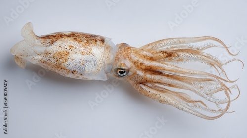 Squid placed with head to corner, tentacles fanning diagonally over white