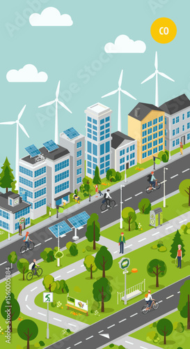 This vector image showcases a green, sustainable urban city.