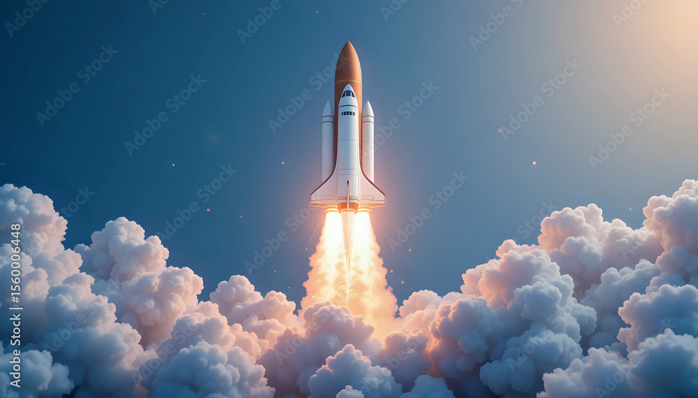 Obraz premium Creative shuttle rocket takes off successfully with blast and clouds of smoke on a blue background, concept. Spaceship launches, creative idea