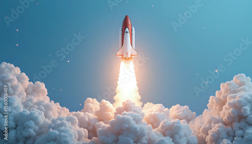 Creative shuttle rocket takes off successfully with blast and clouds of smoke on a blue background, concept. Spaceship launches, creative idea