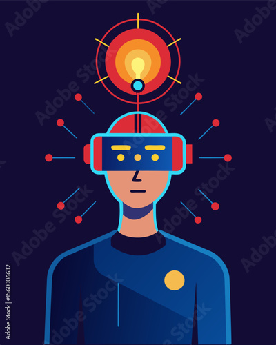 A person with a glowing device attached to their head transmitting signals to control their thoughts and actions.. Vector illustration