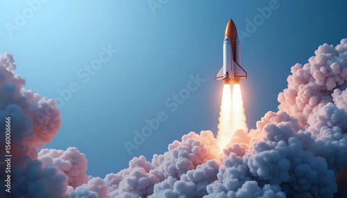 Fototapeta Naklejka Na Ścianę i Meble -  Creative shuttle rocket takes off successfully with blast and clouds of smoke on a blue background, concept. Spaceship launches, creative idea