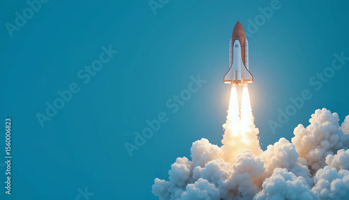 Creative shuttle rocket takes off successfully with blast and clouds of smoke on a blue background, concept. Spaceship launches, creative idea