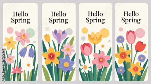 Four Spring Bookmarks with Floral Designs Tulips, Daffodils, Daisies, and More in a Illustration