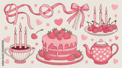 Pink Strawberry Cake, Cherry Plate, Teapot, Ribbons, and CandleFilled Teacup Illustration