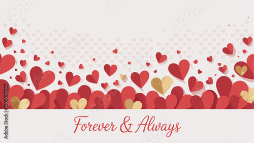 Red and Gold Paper Hearts Background with Forever and Always Text for Valentine's Day