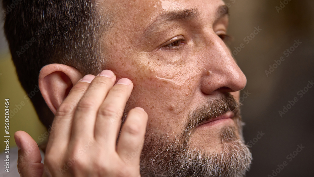 Fototapeta premium Side view of a bearded middle aged man gently applying a skincare product to his face. Focus on texture and self care. Concept of aging with care, mature male beauty