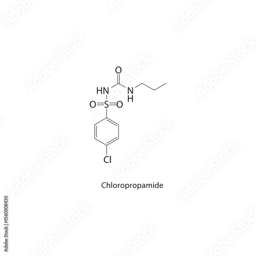 Chloropropamide skeletal structure. Sulfonylurea hypoglycemic agent compound schematic illustration. Simple diagram, chemical formula.