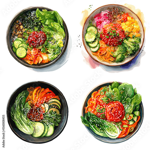 Bright and colorful illustration set of Korean bibimbap bowls with vegetables, rice, and gochujang—perfect for Asian food, healthy lifestyle, and vibrant dish visuals.

