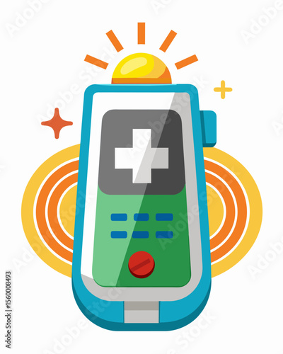 A solarpowered medical alert device that can call for emergency assistance with the press of a button perfect for outdoor enthusiasts or those with mobility issues.. Vector illustration