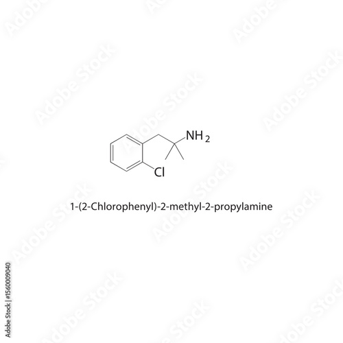 1-(2-Chlorophenyl)-2-methyl-2-propylamine skeletal structure. Halogenated Aromatic Compound compound schematic illustration. Simple diagram, chemical formula.