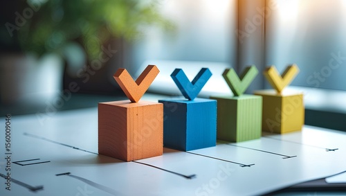 A conceptual image showing four colorful wooden blocks placed in a row, each topped with a check mark 