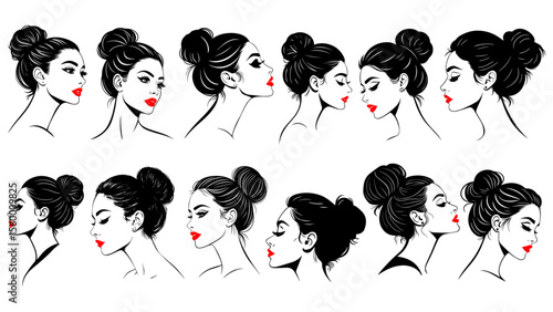 Elegant Female Side Profile Silhouette with High Bun, Red Lips & Long Eyelashes – Beauty Salon Logo Vector