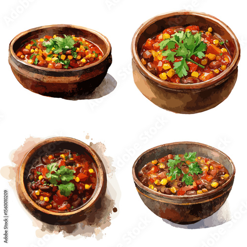 Bold illustration of hearty bean chili with corn, black beans, and herbs in a spicy tomato base—ideal for Mexican food, vegan dishes, and comfort meal themes.


