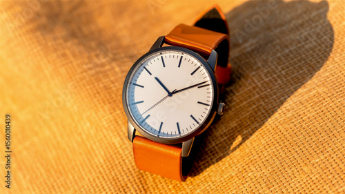 Wallpaper Mural A minimalist wristwatch photographed on a textured orange-yellow burlap fabric background. Torontodigital.ca