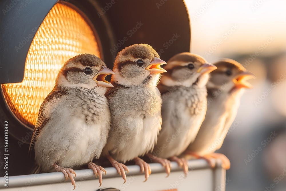 Obraz premium Singing Sparrows in Harmony: A charming image captures four sparrows perched harmoniously, their beaks agape as they sing, creating a delightful scene of avian chorus.