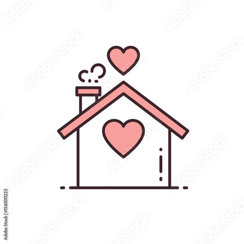 House with hearts and smoke in minimalist design concept of transparent background icons  
