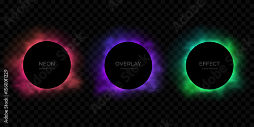 Set of glowing vibrant frames with neon smoke imitation isolated on black background. Pink, purple, green illumination, circle border designs. Abstract gradient colorful templates for banner, poster.