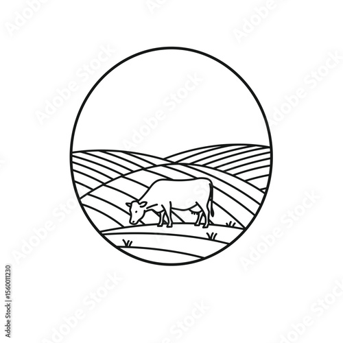 Cow grazing on farmland in an outlined style representing icon design  