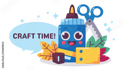 Cartoon craft time scene with glue bottle, scissors, leaves and craft supplies on a white background