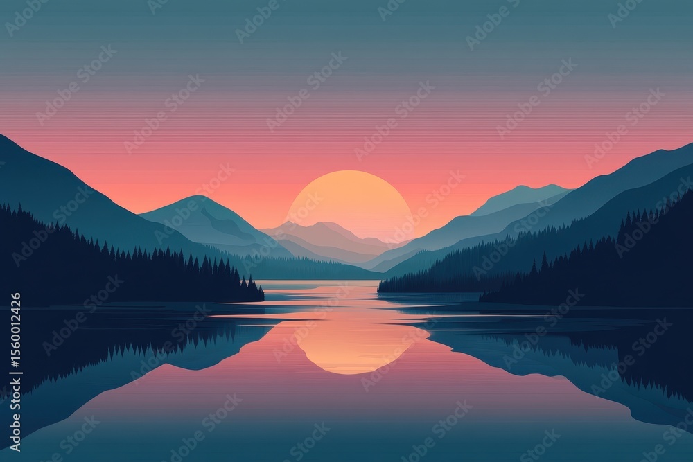 Fototapeta premium sunrise lake vector flat minimalistic isolated illustration, Flat design of a serene lake at sunrise, showcasing a minimalistic style with gentle hues and clean lines