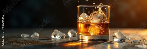 Golden whiskey splashing into ice-filled glass, gold, still life, cold