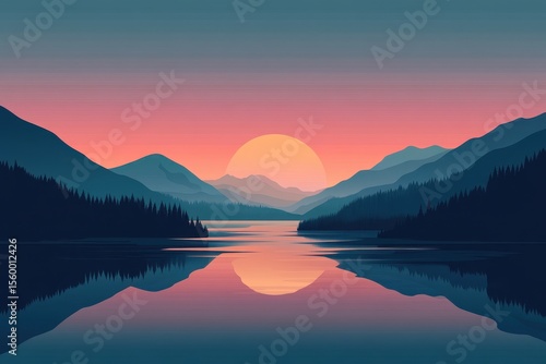 Wallpaper Mural sunrise lake vector flat minimalistic isolated illustration, Flat design of a serene lake at sunrise, showcasing a minimalistic style with gentle hues and clean lines Torontodigital.ca