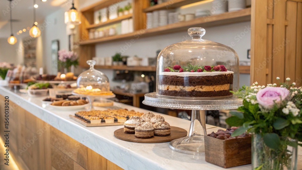 Fototapeta premium Sweet Bean Dessert Display at Modern Café Counter—Asian-Inspired Treats in Cozy Setting