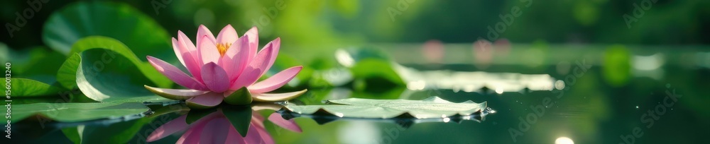 Water lily bloom atop serene lake, green leaves surround Top view , leaves, floral design, lily pad Water lily bloom atop serene lake, green leaves surround Top view , leaves, floral design, lily pad
