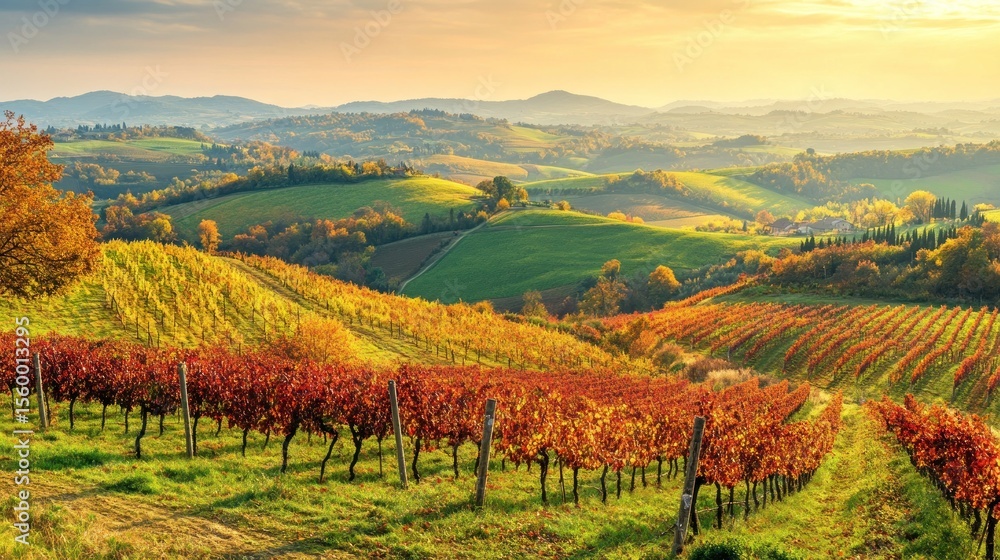 Fototapeta premium Autumn vineyard landscape at sunrise