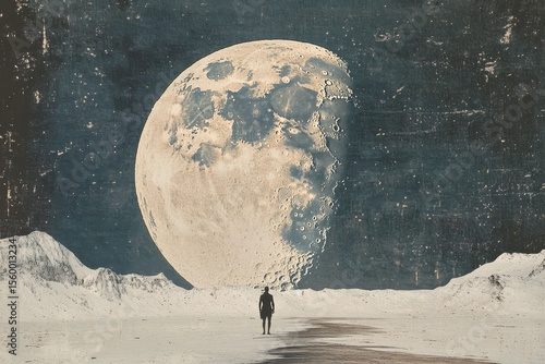 Surrealist collage with lone figure and oversized moon, A surreal collage depicting a lone figure standing under a massive moon, creating an otherworldly atmosphere