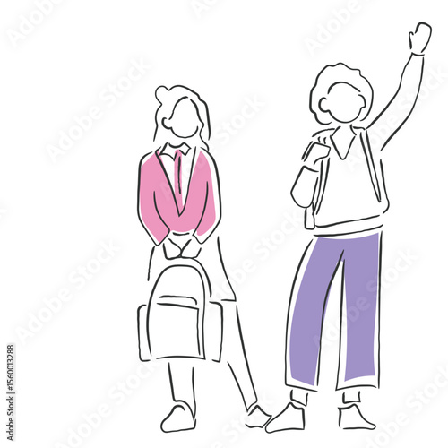 hand drawn line art vector of school kids standing together. Togetherness. Elementary kids.