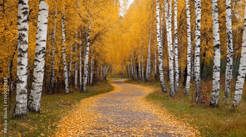 Obraz premium Autumnal birch forest pathway
