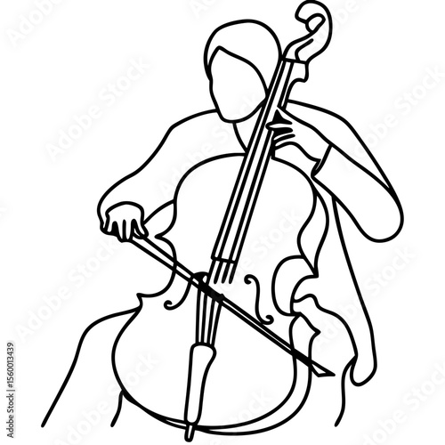 Cellist sitting with cello. Musician playing classical music instrument. Line art illustration of cellist and cello. Perfect image for concert program, music school brochure.