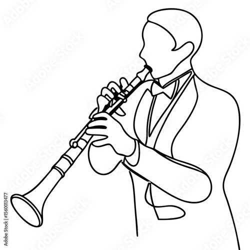 Clarinet player in orchestra. Elegant musician performing classical music on clarinet.  Line art illustration of orchestral clarinet player.