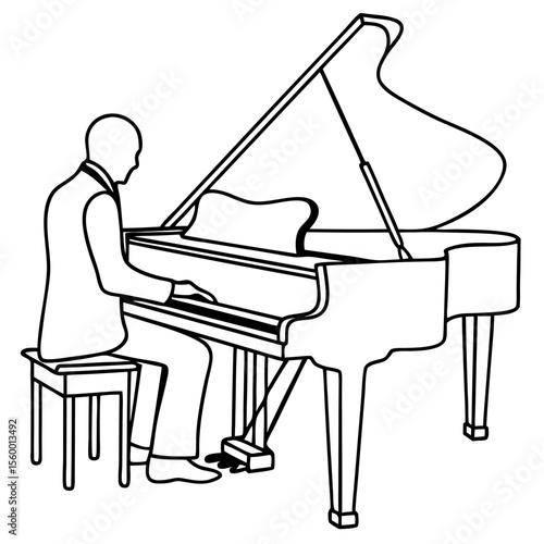 Elegant pianist playing grand piano.  Musician sits at elegant instrument, fingers dancing on keys.  Classical music performance depicted in line art style.