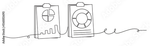 continuous one line art of Business Accounting Chart with Icon of several sheets of paper. development and profit in business income