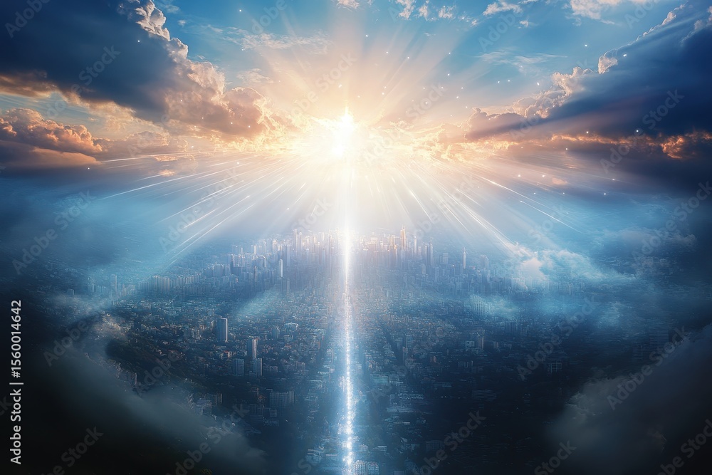 Naklejka premium The heavenly new jerusalem a promise for god people. concept hope, promise, new jerusalem, god people highlighted by white, Artistic depiction of the New Jerusalem, representing hope