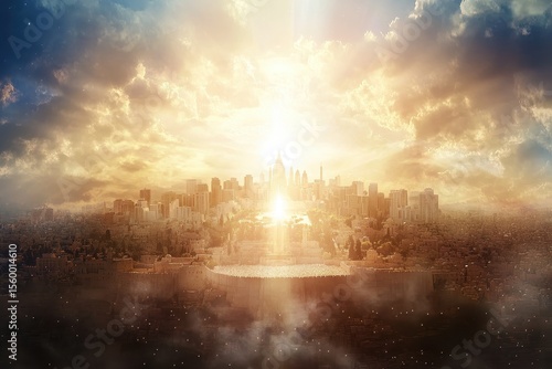 The heavenly new jerusalem a promise for god people. concept hope, promise, new jerusalem, god people highlighted by white, Artistic depiction of the New Jerusalem, representing hope  