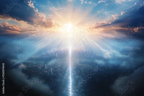 The heavenly new jerusalem a promise for god people. concept hope, promise, new jerusalem, god people highlighted by white, Artistic depiction of the New Jerusalem, representing hope 