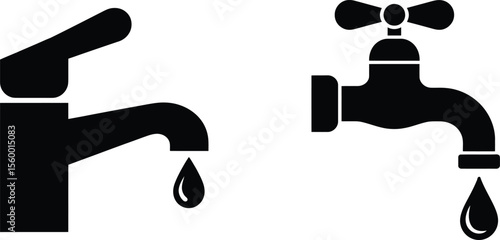 Water Tap and Faucet Icons - Dripping Water and Plumbing Symbols