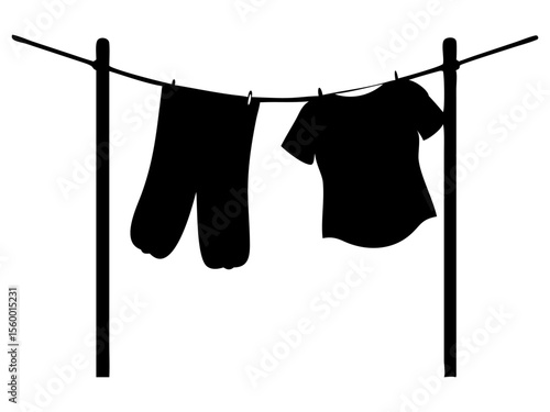 Clothe's hanging from rope full black silhouette vector illustration design