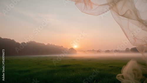 A serene sunrise over a quiet meadow, with the early morning mist adding an ethereal quality to the landscape 