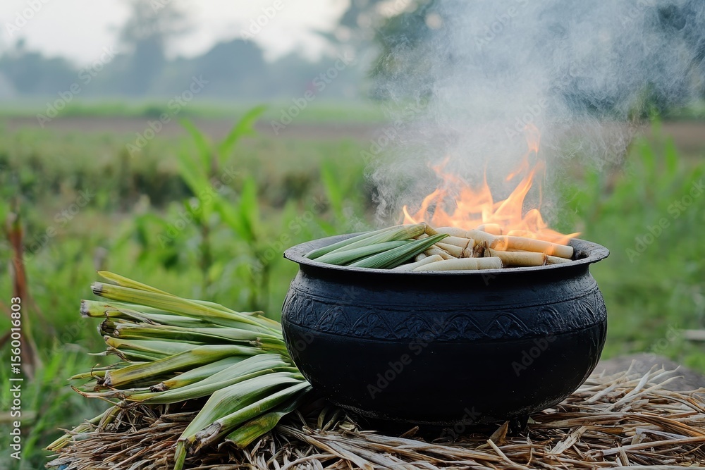 Traditional Pongal festival scene featuring a boiling pot and sugarcane under a natural rural field setting, A rural Pongal festival scene featuring a boiling pot and sugarcane amidst Traditional Pongal festival scene featuring a boiling pot and sugarcane under a natural rural field setting, A rural Pongal festival scene featuring a boiling pot and sugarcane amidst